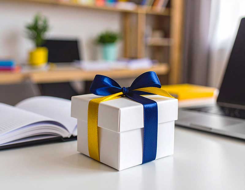 White gift box sitting on a desk